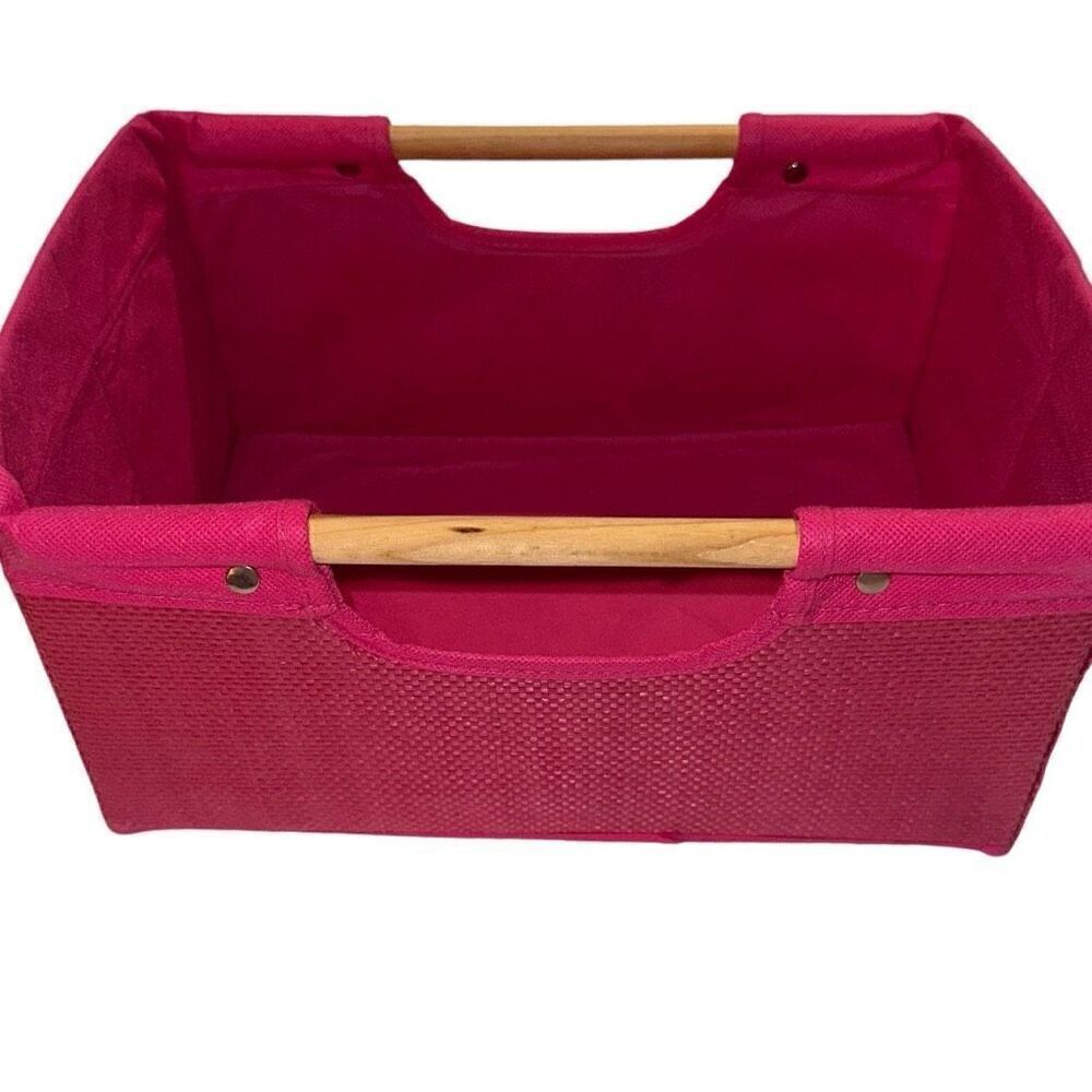 Pink Foldable Storage Bin With Wooden Carry Handles 13" x 9"